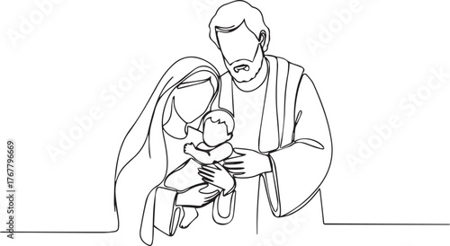 Holy family one-line art — minimalist nativity scene for Christmas 