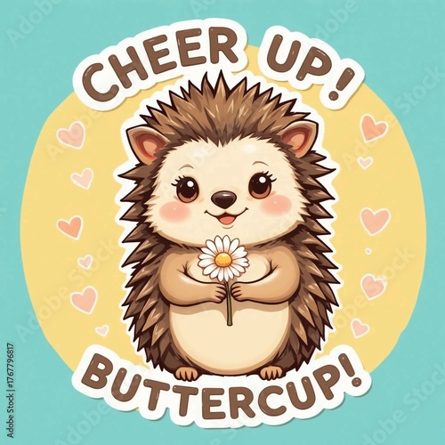Smiling hedgehog holding daisy with cheer up buttercup text sticker