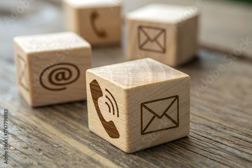 contact us icon email, address, phone, on wood cube, customer service and support for self quarantine business working at home, Telecommuting, Teleworking.