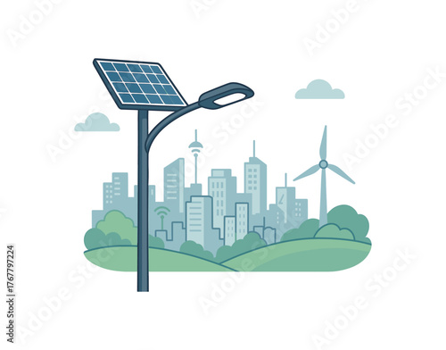 solar powered street light smart city and clean energy flat vector illustration style isolated on white background