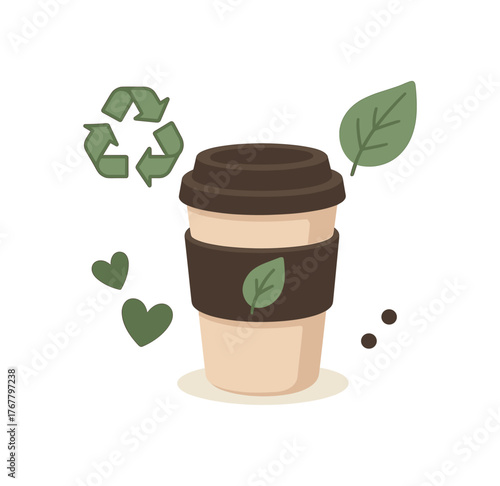 reusable coffee cup zero waste lifestyle and daily habits flat vector illustration style isolated on white background