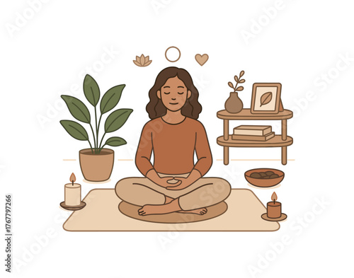 meditation space mindfulness and mental wellbeing flat vector illustration style isolated on white background