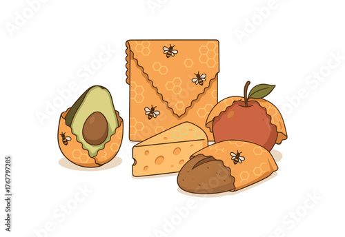 reusable beeswax wraps plastic free food storage and zero waste kitchen flat vector illustration style isolated on white background