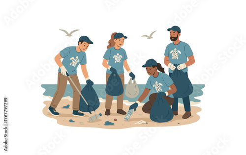 coastal cleanup team environmental volunteer work and ocean protection flat vector illustration style isolated on white background