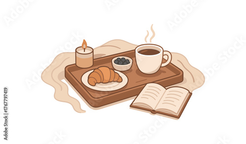 breakfast tray cozy morning routine and slow lifestyle flat vector illustration style isolated on white background