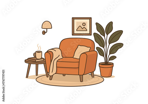 living room armchair comfort zone and interior lifestyle flat vector illustration style isolated on white background