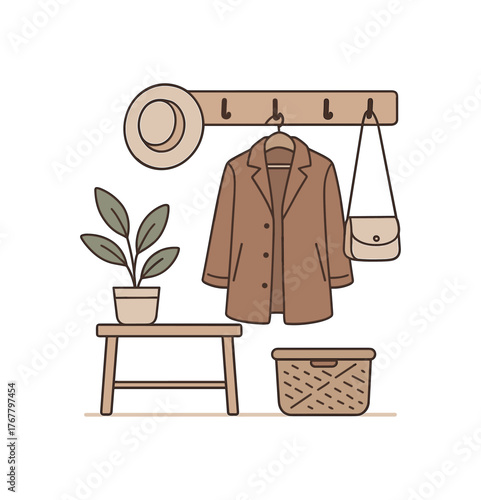 hooks hallway organization and minimal interior flat vector illustration style isolated on white background