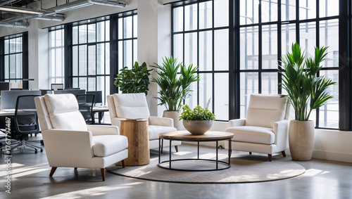 Fototapeta Naklejka Na Ścianę i Meble -  elegant modern office lounge area with cream armchairs, stylish coffee tables, and vibrant green plants, illuminated by large windows. features ideal copy space for interior design, corporate content
