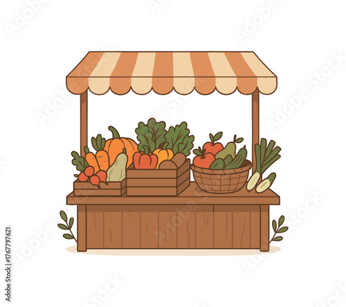 farmers market stand organic food and local produce flat vector illustration style isolated on white background