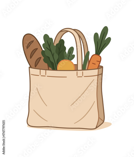 reusable fabric bag sustainable shopping and eco habits flat vector illustration style isolated on white background