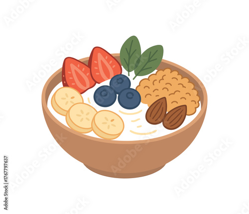healthy breakfast bowl balanced diet and nutrition flat vector illustration style isolated on white background