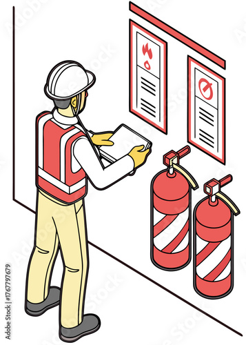 Isometric cartoon engineer inspecting fire extinguisher placement, factory safety inspection, checking fire tank, isolated vector illustration.