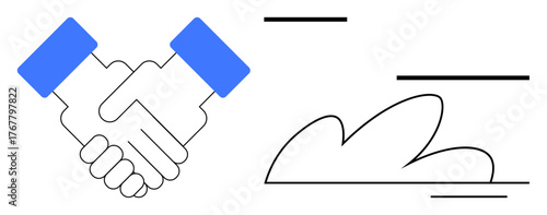 Handshake representing agreement and teamwork next to a cloud symbolizing innovation and technology. Ideal for partnership, communication, collaboration, networking, trust, technology, simple flat