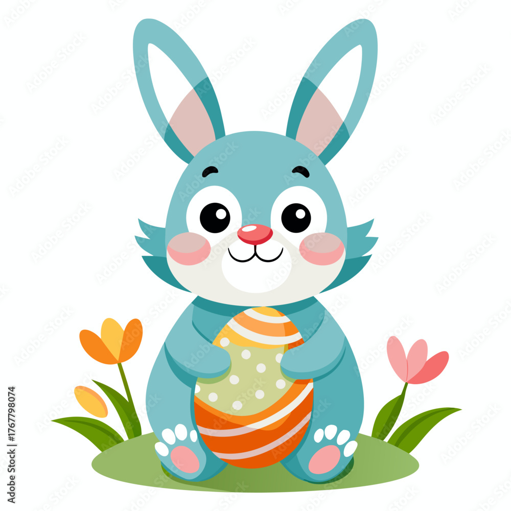 Obraz premium Adorable bunny holding a beautifully decorated easter egg in a cart