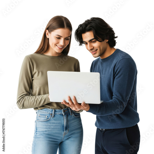 Two young people holding laptop and talking together isolated on white