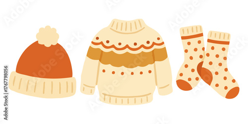 Cute cozy winter clothes set with warm sweater, hat and socks. Soft pastel illustration perfect for Christmas, hygge design, childrens decor or seasonal greeting cards.