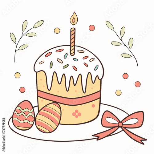 Flat vector illustration of a festive easter cake with colorful sprinkles and a lit candle