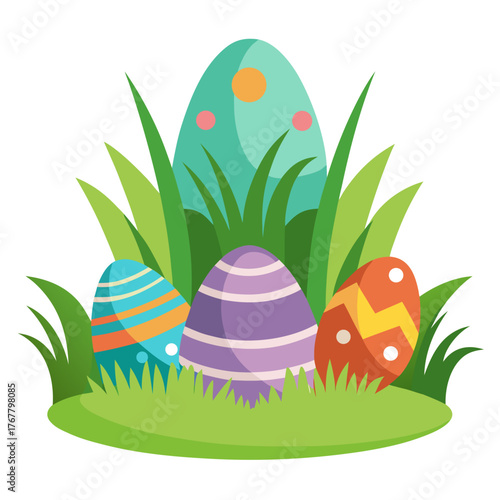 Whimsical easter egg hunt scene with hidden eggs and green grass