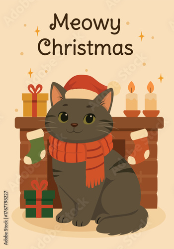 Merry Christmas. Meowy Christmas. Christmas cards with cats. Vector illustration.