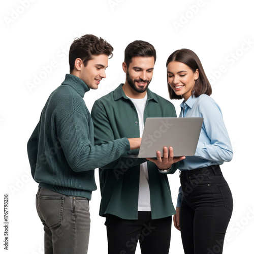 Three young business people holding laptop and working together isolated on white