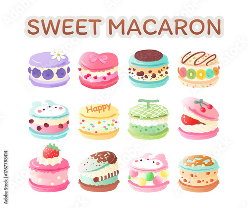 Sweet Macaron Clipart Set | Cute Kawaii Dessert Vector Illustration, Colorful Pastel Bakery Icons for Stickers, Patterns, and Packaging Design
