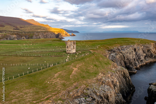 Aerial view of the coast at Malin Beg at the Napoleonic Signal Tower - County Donegal, Ireland