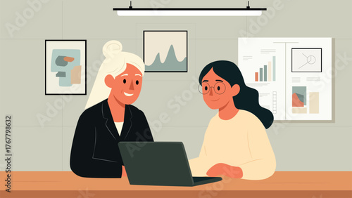 Work presentation. Bussines people working in office. Remote work. Flat illustration for bussines.