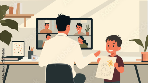 Work presentation. Bussines people working in office. Remote work. Flat illustration for bussines.