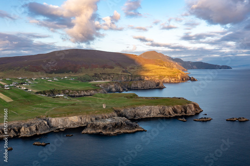 Aerial view of the coast at Malin Beg at the Napoleonic Signal Tower - County Donegal, Ireland