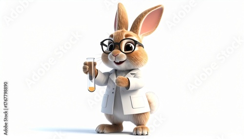 Whimsical Scientist Cartoon Rabbit with Beaker in Lab Coat