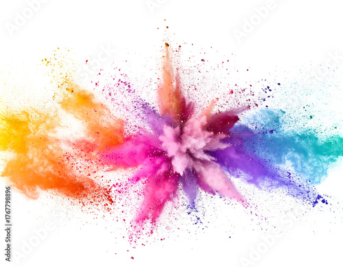 Colorful powder explosion against black backdrop, creating vibrant, symmetrical, abstract dust cloud effect
