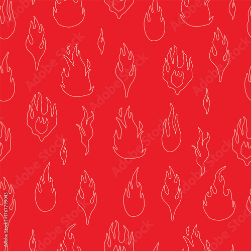 Fire flames doodle sketch outline seamless pattern on red background.