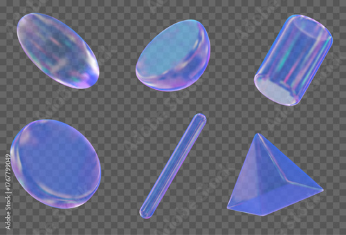 3d set glass transparent holographic geometric shape: Oval, Sphere, Cylinder, Circle, Capsule, Pyramid. Simple neon figures with grid for your design. Stock vector illustration on isolated background.
