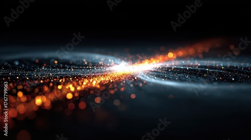 Orange and blue particles illuminate a dark space with a bright white glow. Use this for abstract tech, energy, or futuristic science concepts.
