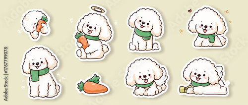 Adorable Bichon Frise Stickers Collection with Carrots Scarves Angel Wings and Cute Expressions for Digital Design Projects
