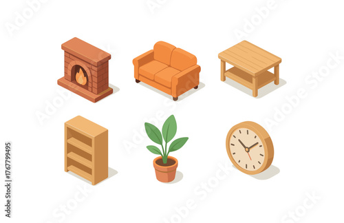 isometric icon items isolated on white background home hearth center home sofa cushion home coffee table home bookshelf unit home indoor plant home clock