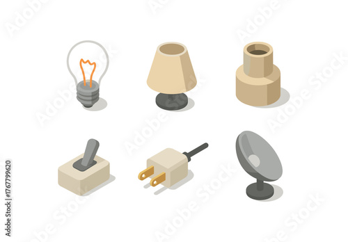 isometric icon items isolated on white background lamp bulb filament lamp shade diffuser lamp base socket lamp switch lever lamp cord plug lamp reflector dish