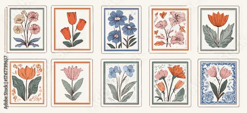 Botanical Art Collection Featuring Unique Floral Designs in Decorative Frames Ten Individual Illustrations for Home Decor and Creative Projects