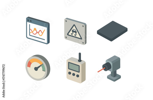 isometric icon items isolated on white background slippage control algorithm slippage skid plate slippage grip tape slippage threshold indicator slippage data logger slippage alignment laser