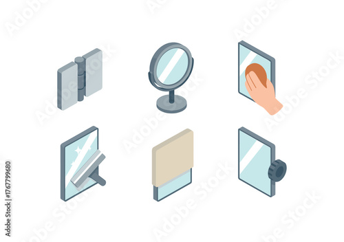 isometric icon items isolated on white background mirror tilting hinge mirror magnification lens mirror surface polish mirror silvering layer mirror dust cover mirror adjustment knob