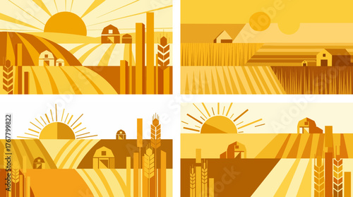 Golden fields and farms under a bright sun in a rural landscape illustration