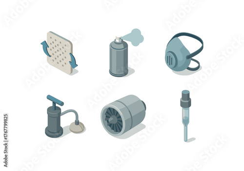 isometric icon items isolated on white background gas exchange membrane aerosol diffuser respiratory mask pump intake valve turbofan engine air sampler tube