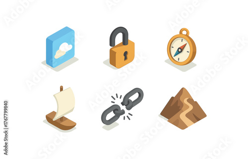 isometric icon items isolated on white background open sky horizon unlocked shackle pathfinder compass sail unfurled sheet breaking chain bare mountain trail