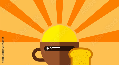 Cheerful morning scene with coffee and toast radiating sunshine in warm colors