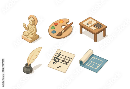 isometric icon items isolated on white background creator deity statue creator artist palette creator inventor desk creator author quill creator composer staff creator architect blueprint