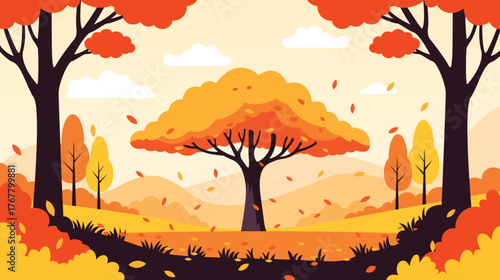 Autumn landscape with colorful trees and falling leaves in a serene nature scene