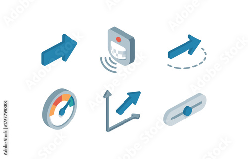 isometric icon items isolated on white background movement vector arrow movement motion sensor movement trajectory path movement speedometer movement kinematic diagram movement slider