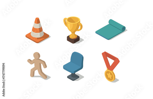isometric icon items isolated on white background sport training cone sport trophy cup sport gym mat sport athlete silhouette sport stadium sport medal ribbon
