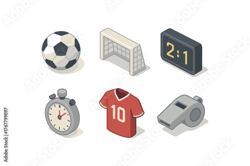 isometric icon items isolated on white background sport soccer ball sport goal post sport scoreboard sport stopwatch sport jersey number sport whistle