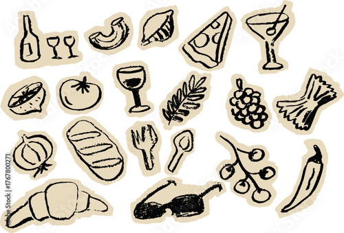 Food cutout set, collection of paper black chalk style collage sketches featuring Italian cuisine, wine, and drinks. Hand drawn collection of ingredients and objects with a rough, whimsical texture.